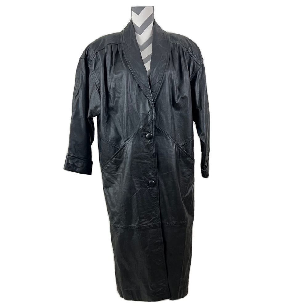 Vintage 90s Jacqueline Ferrar Black Leather Trench Coat - Size M